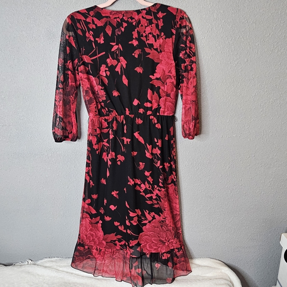 Kate and‎ Lily Dress Womens 4 Mesh Floral V Neck Sheer Sleeve Ruffle Midi Dark - Picture 12 of 15